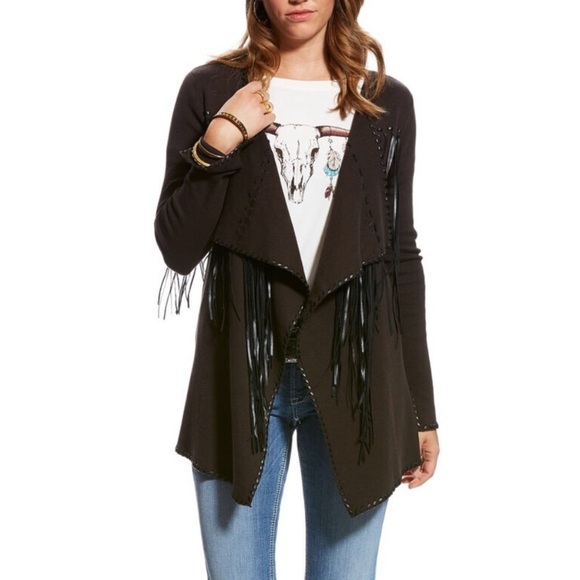 Ariat Trenton Dark Brown Knit Faux Leather Fringe Open Front Cardigan Size S - Picture 1 of 8
